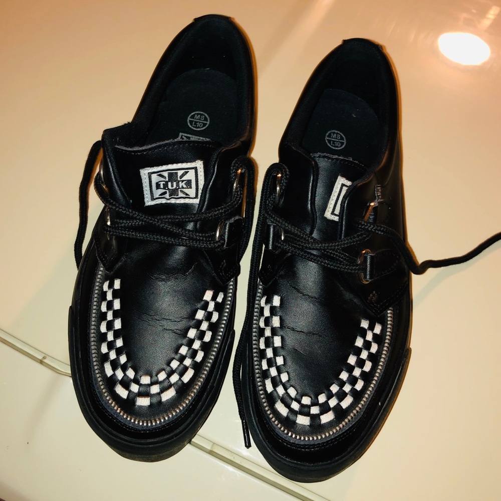 TUK creepers, black w/ white interlacing.